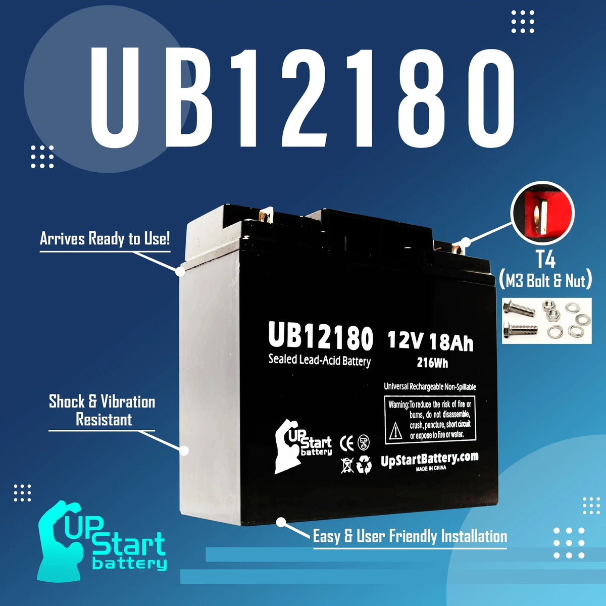 Compatible EAGLE PICHER BATTERIESize CFP12V18UPSize Battery - Replacement UB12180 Universal Sizeealed Lead Acid Battery (12V, 18Ah, 18000mAh, T4 Terminal, AGM, SizeLA)