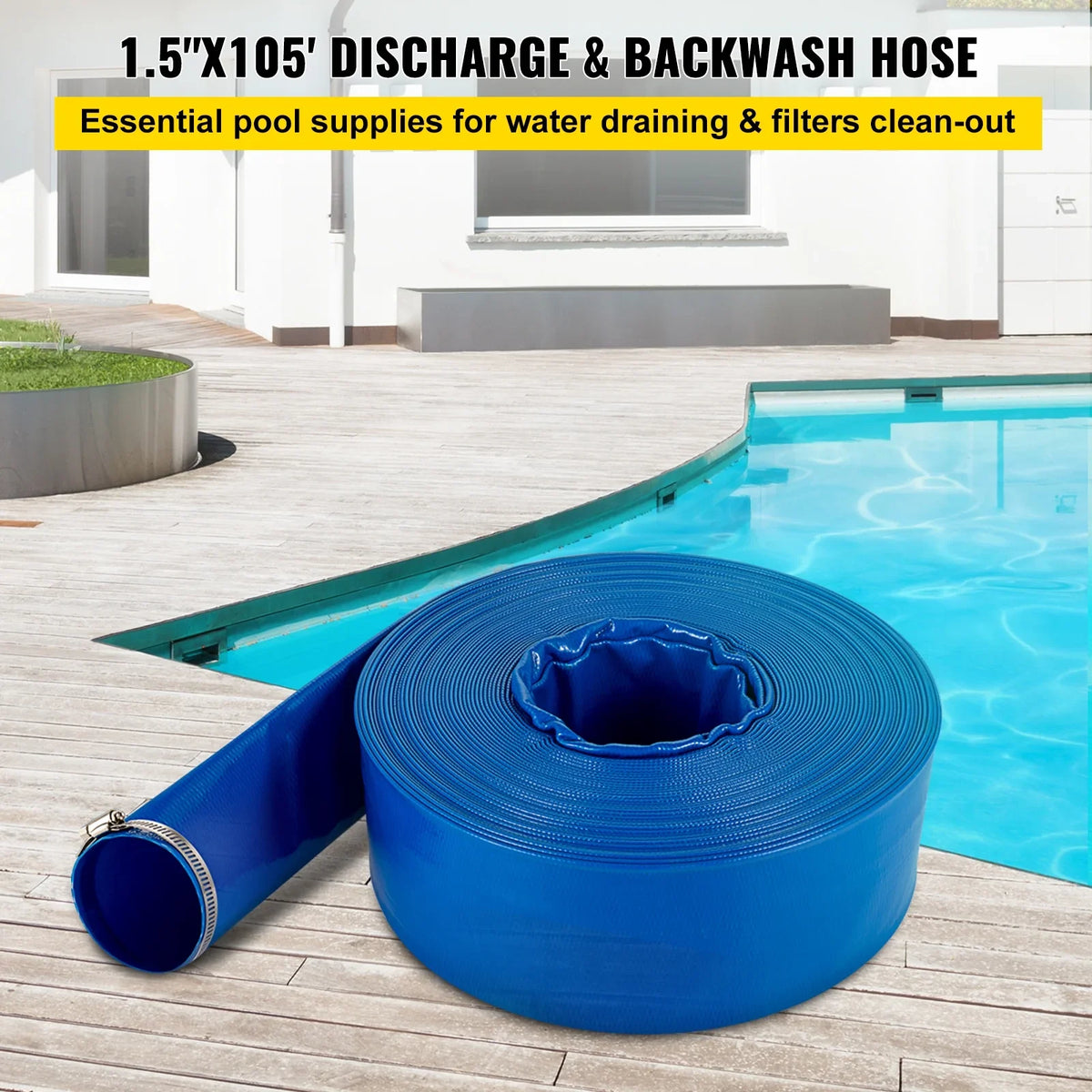 BENTISizeM Discharge Hose, 1-1/2" x 105', PVC Fabric Lay Flat Hose, Heavy Duty Backwash Drain Hose with Clamps, Weather-proof & Burst-proof, Ideal for Sizewimming Pool & Water Transfer