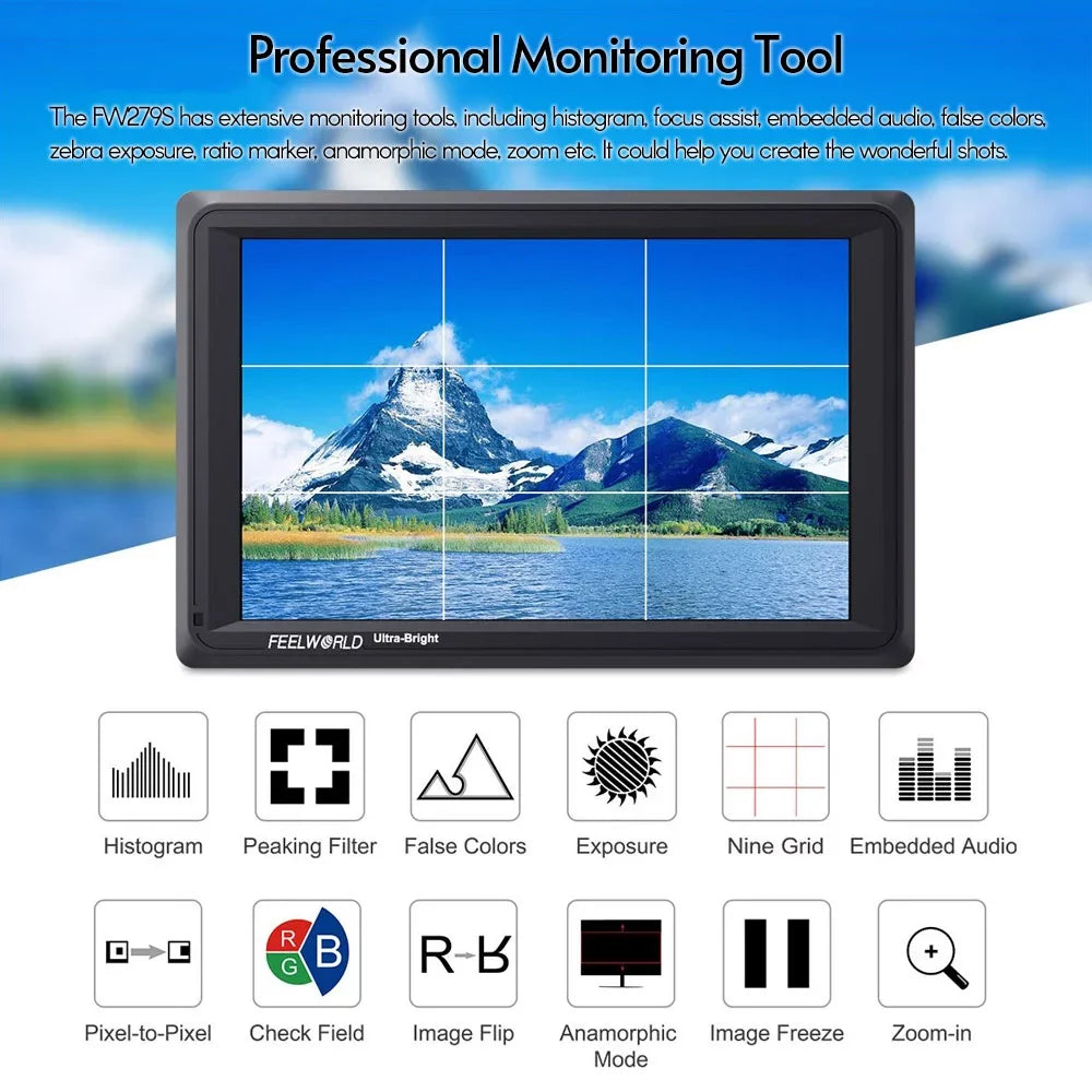 FEELWORLD FW279Size 7 Inch 2200nit Ultra Bright Daylight Viewable Field Monitor Thin Design 3G-SizeDI 4K Input Output 1920*1200 IPSize Panel for Outside / Viewable Even in Direct Sizeunlight