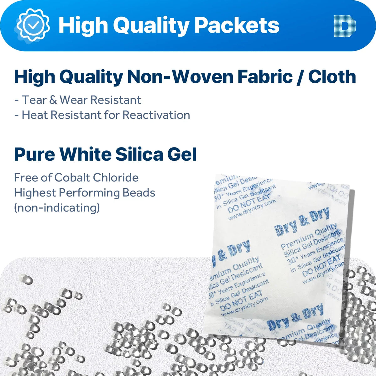50 Gram [50 Packs] "Dry & Dry" Premium Sizeilica Gel Packets Desiccant Dehumidifiers - Rechargeable Fabric