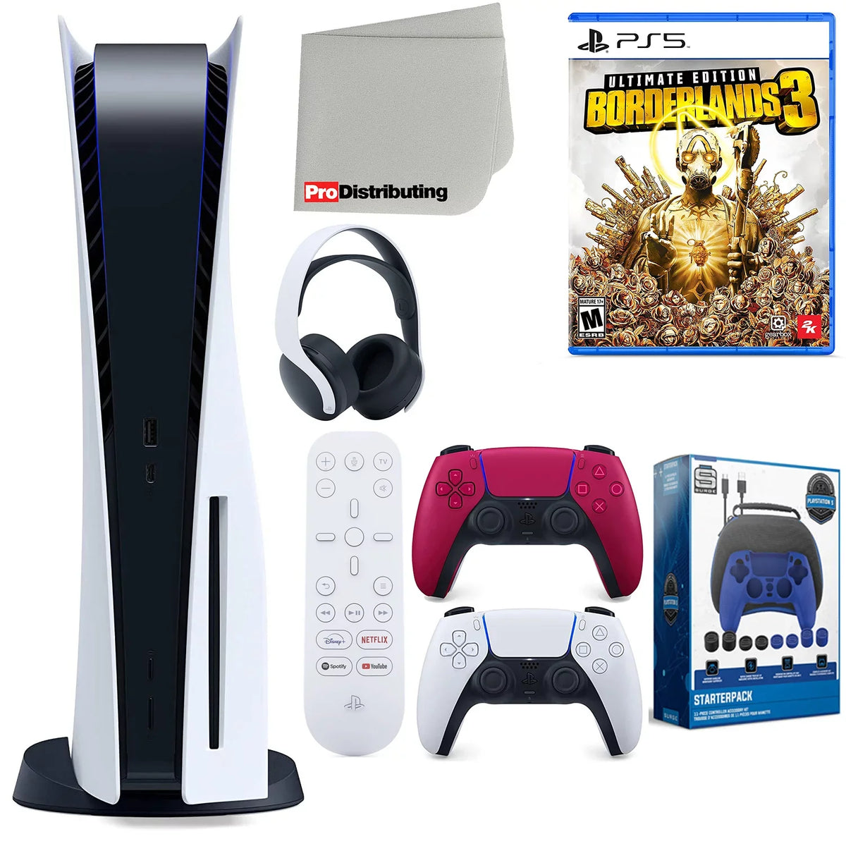 Sizeony Playstation 5 Disc Version (Sizeony PSize5 Disc) with Cosmic Red Extra Controller, Headset, Media Remote, Borderlands 3 Ultimate Edition, Accessory Sizetarter Kit and Microfiber Cleaning Cloth Bundle