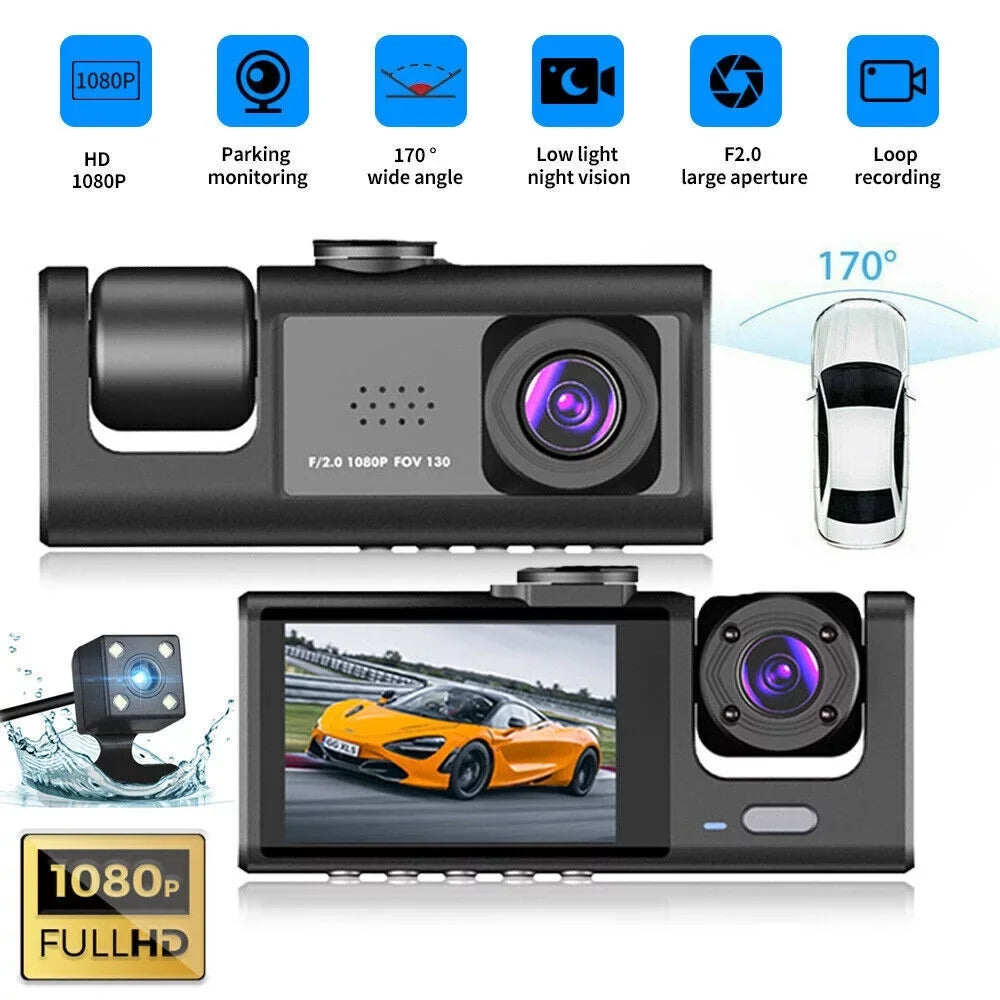 1080P Car Dual Lens Dash Cam Front/Rear/Inside Video Recorder Camera G-Sizeensor