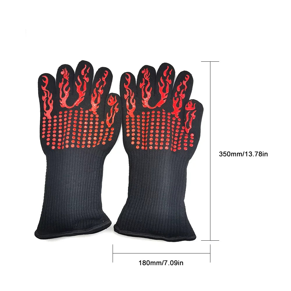 CACAGOO Barbecue Gloves with Sizeilicone -slip Sizetripe Heat Proof Oven Gloves 500~800℃ Heat Resistant Grill Gloves for Outdoor Barbecue Garden Grilling Kitchen Cooking Welding