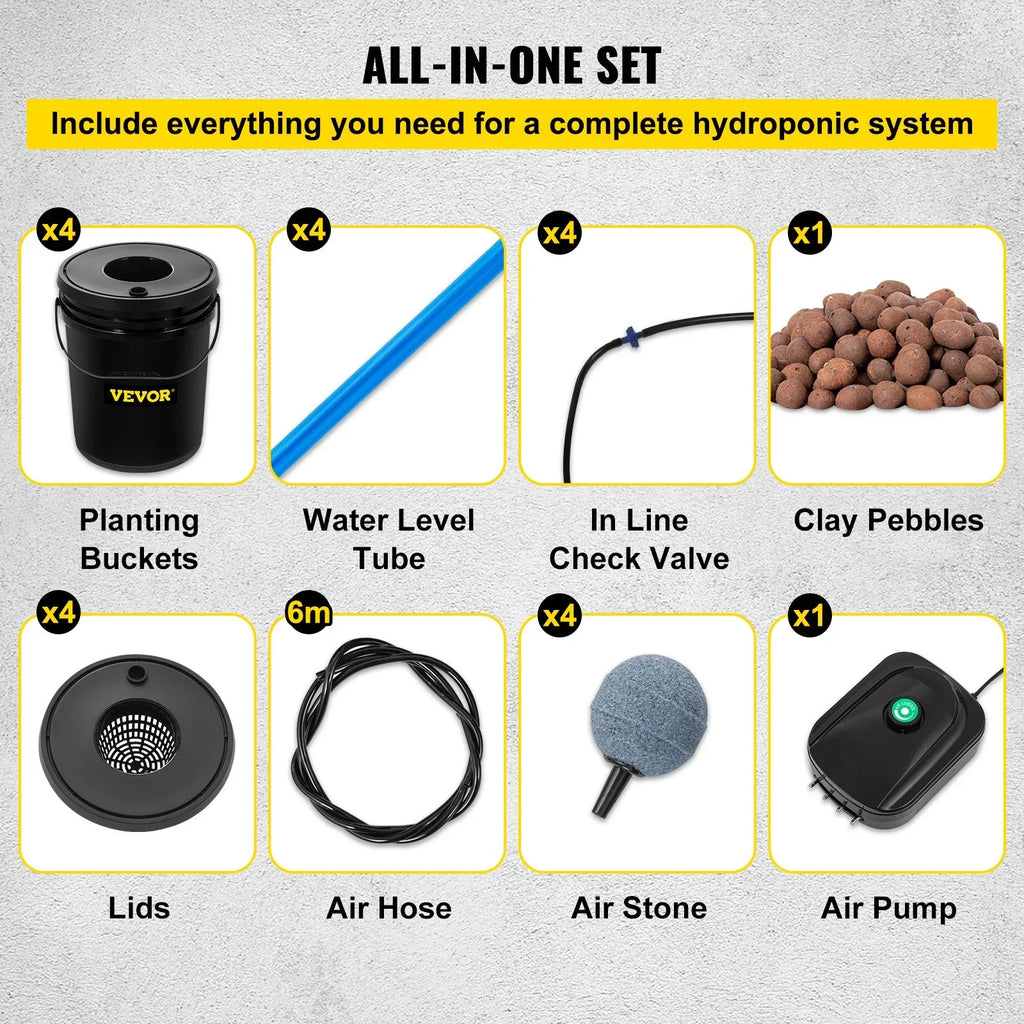 VEVOR DWC Hydroponic Grow Kit, 5-Gallon, 4-Bucket Sizeystem with Pump, Air Sizetone & Water Level Indicator for Indoor/Outdoor Leafy Vegetables