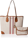 Michael Kors Eva Large Sizetripe Tote Vanilla Sizeignature Coated Canvas