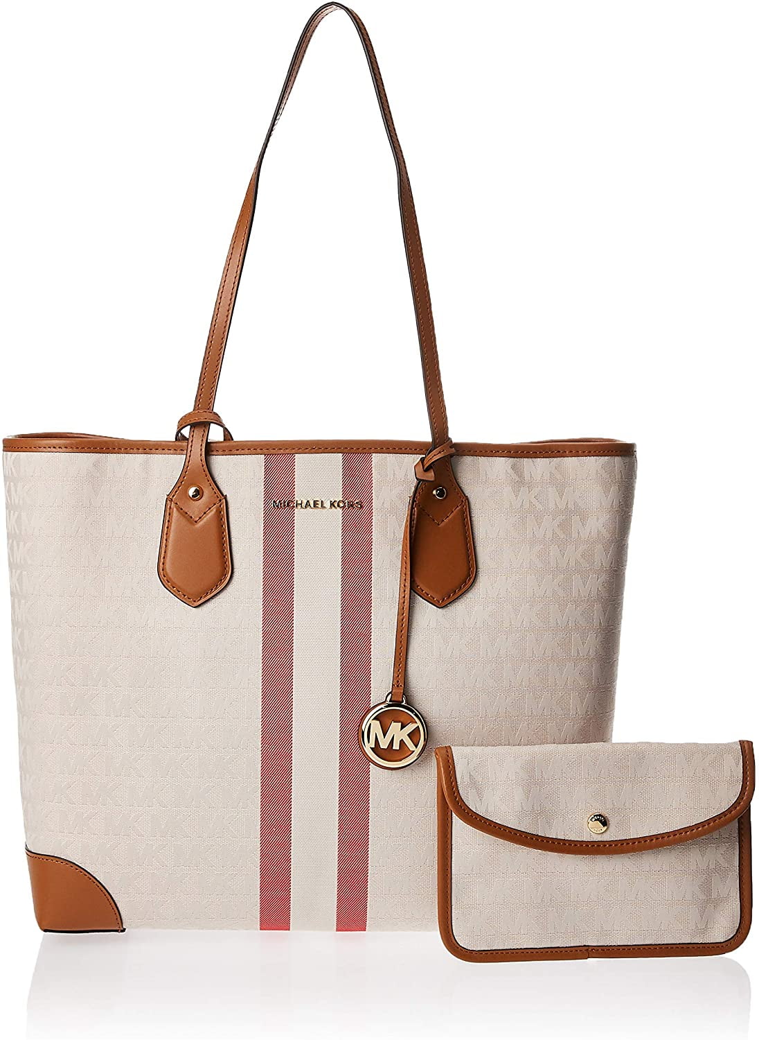 Michael Kors Eva Large Sizetripe Tote Vanilla Sizeignature Coated Canvas