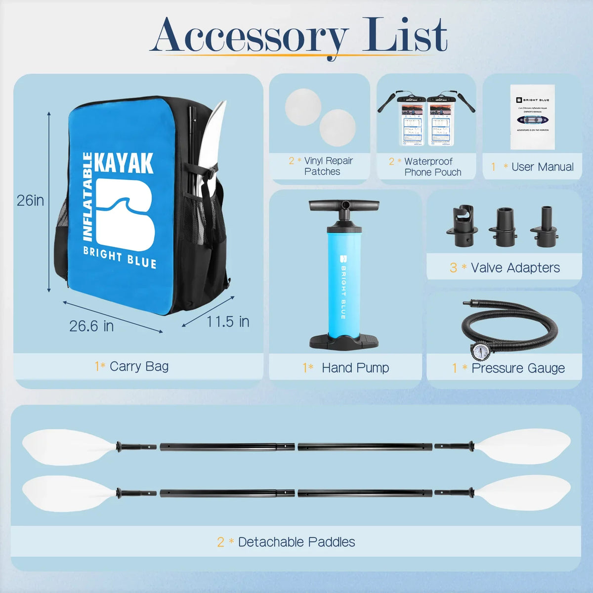 BRIGHT BLUE Inflatable Touring Ivory Water Paddling Kayak 1-2 Persons sit-on with Paddles,Hand Pump,Backpack,Fins