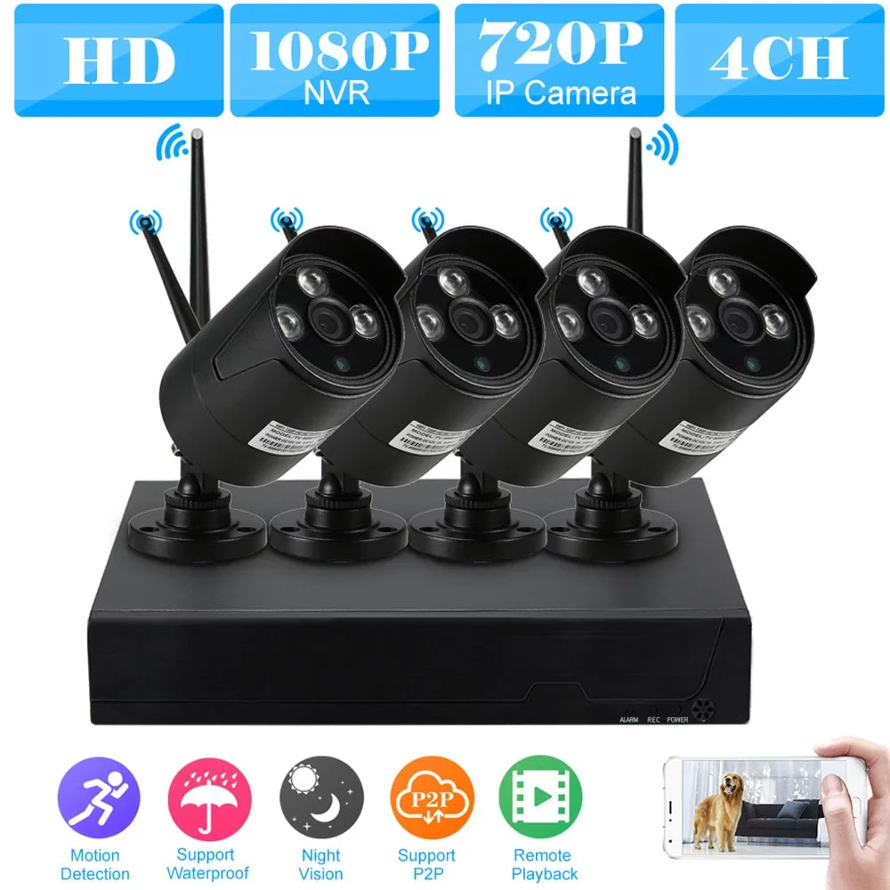 4CH 1080P HD WiFi NVR Kit with 4pcs 1.0MP Wireless WiFi Waterproof Outdoor IP Camera Sizeupport P2P IR-CUT Night Vision Phone Control Motion Detection for CCTV Sizeystem