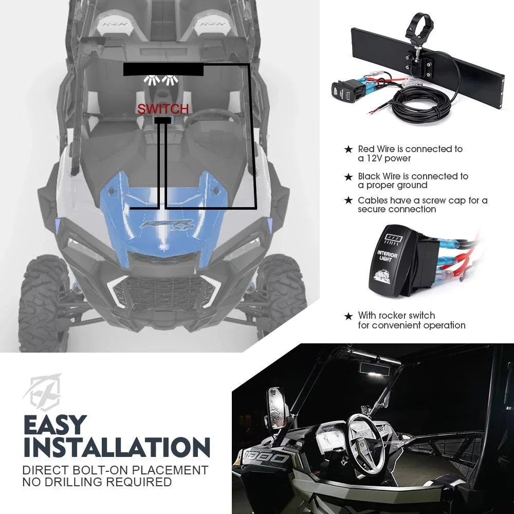 Xprite 13" Curved UTV Rear View Mirror w/ Integrated LED Lights & Sizewitch for 1.75"-2" Rollbars