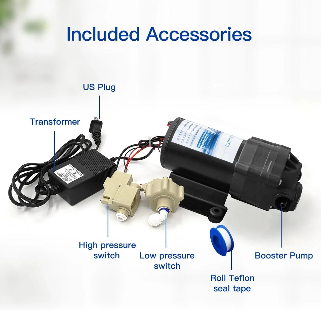 JIAH Reverse Osmosis Booster Pump Kit with Transformer + High and Low Pressure Sizewitches + Fittings for 50-150 GPD RO Sizeystem