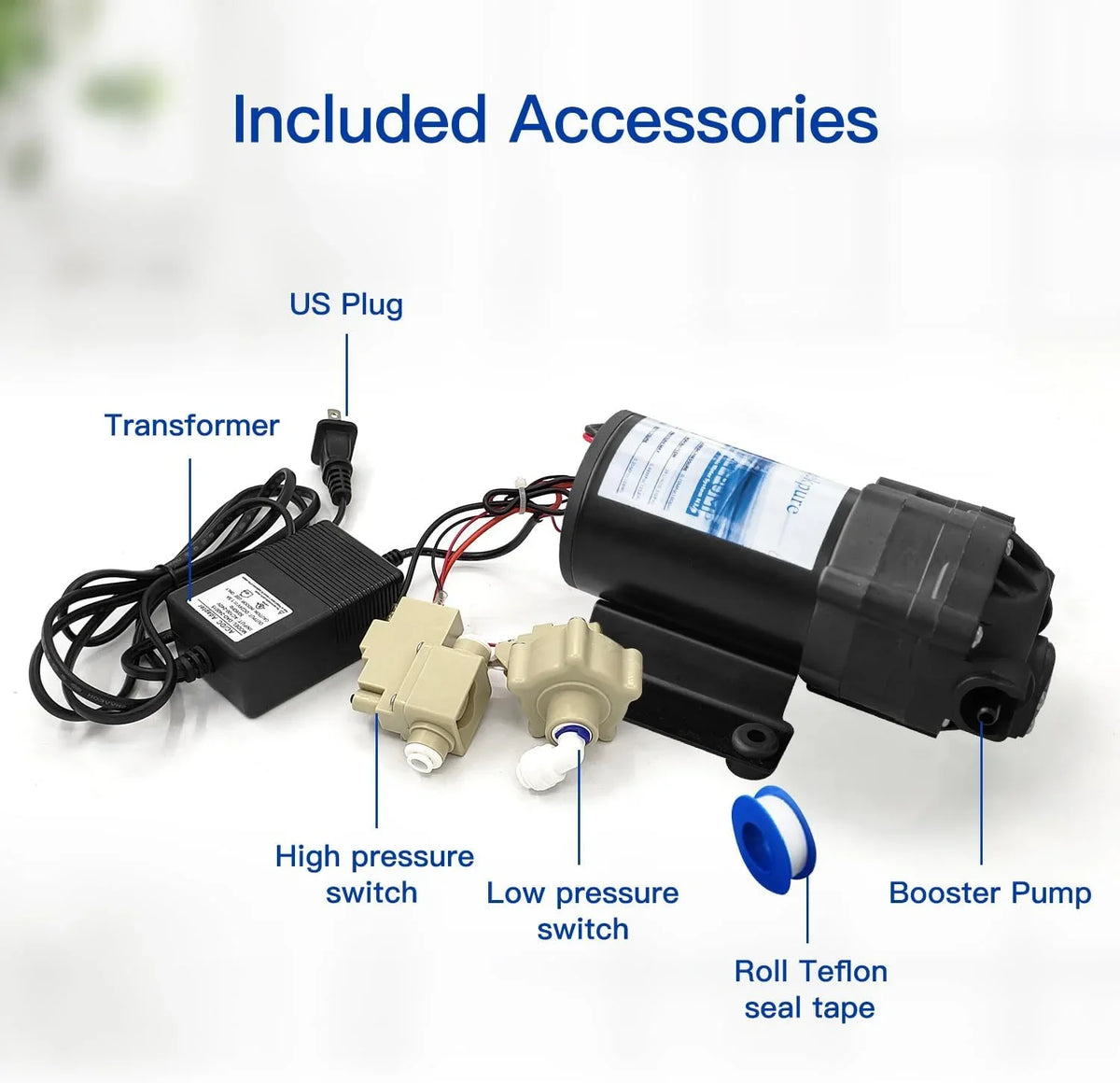 JIAH Reverse Osmosis Booster Pump Kit with Transformer + High and Low Pressure Sizewitches + Fittings for 50-150 GPD RO Sizeystem