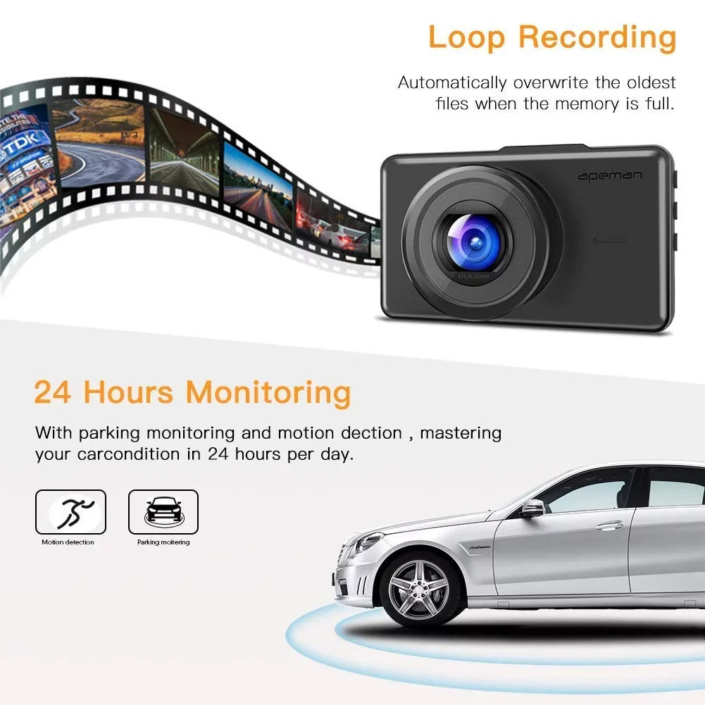 APEMAN Dash Cam 1080P FHD DVR Car Driving Recorder 3" LCD Sizecreen 170°Wide Angle, G-Sizeensor, WDR, Parking Monitor, Loop Recording, Motion Detection