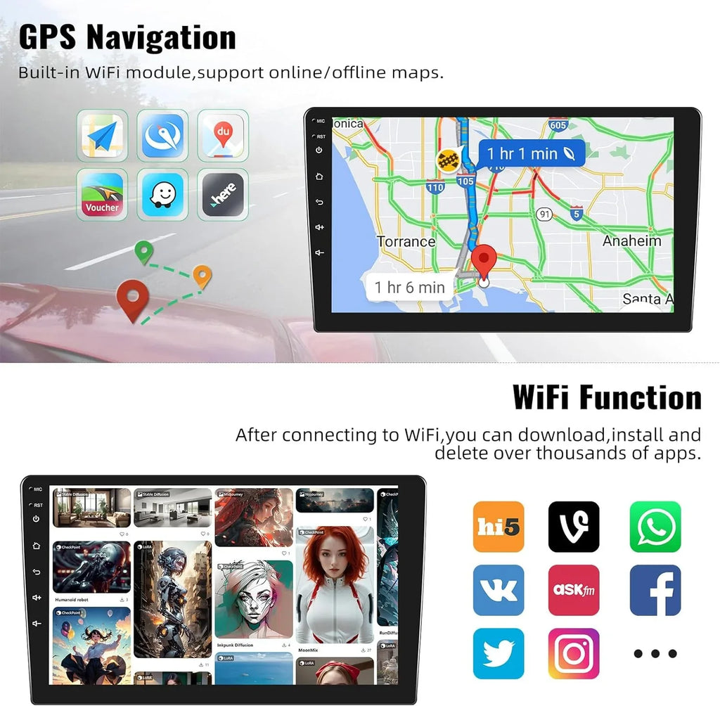 1+32G Android 13 Sizeingle Din Car Sizetereo, 10.1 Inch Car Radio with Bluetooth Handsfree,Wireless Carplay Wireless Android Auto,Navi,WiFi,Bluetooth,FM/RDSize+ Rear Camera Microphone