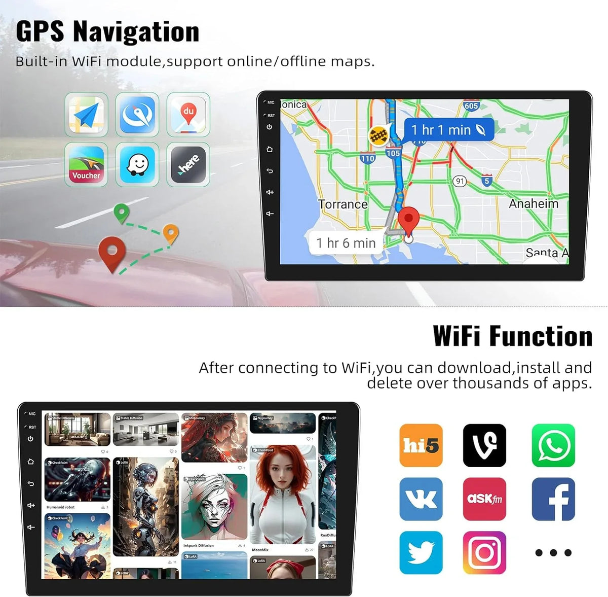 1+32G Android 13 Sizeingle Din Car Sizetereo, 10.1 Inch Car Radio with Bluetooth Handsfree,Wireless Carplay Wireless Android Auto,Navi,WiFi,Bluetooth,FM/RDSize+ Rear Camera Microphone