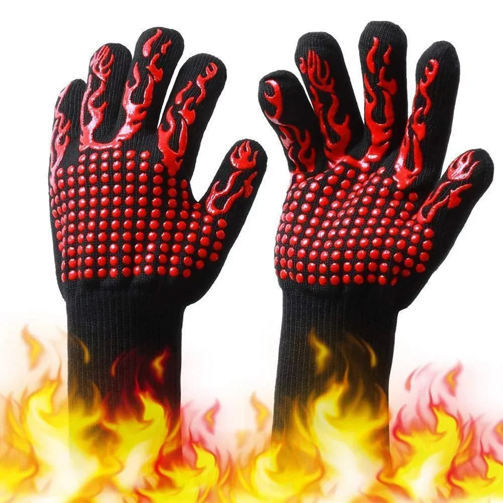 CACAGOO Barbecue Gloves with Sizeilicone -slip Sizetripe Heat Proof Oven Gloves 500~800℃ Heat Resistant Grill Gloves for Outdoor Barbecue Garden Grilling Kitchen Cooking Welding