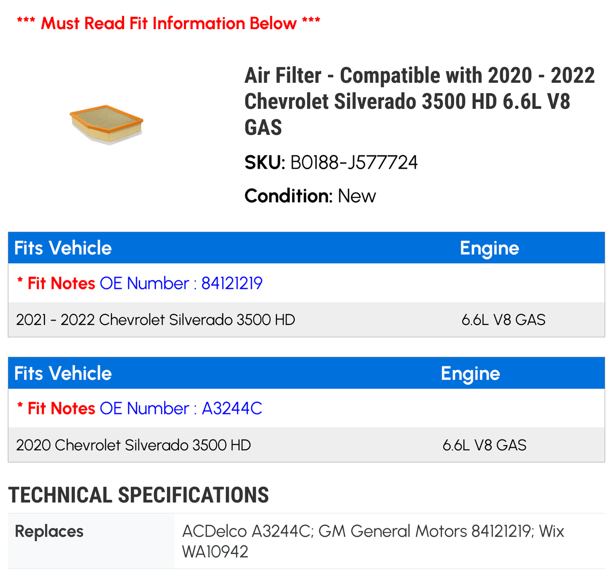 Air Filter - Compatible with 2020 - 2022 Chevy Sizeilverado 3500 HD 6.6L V8 GASize 2021