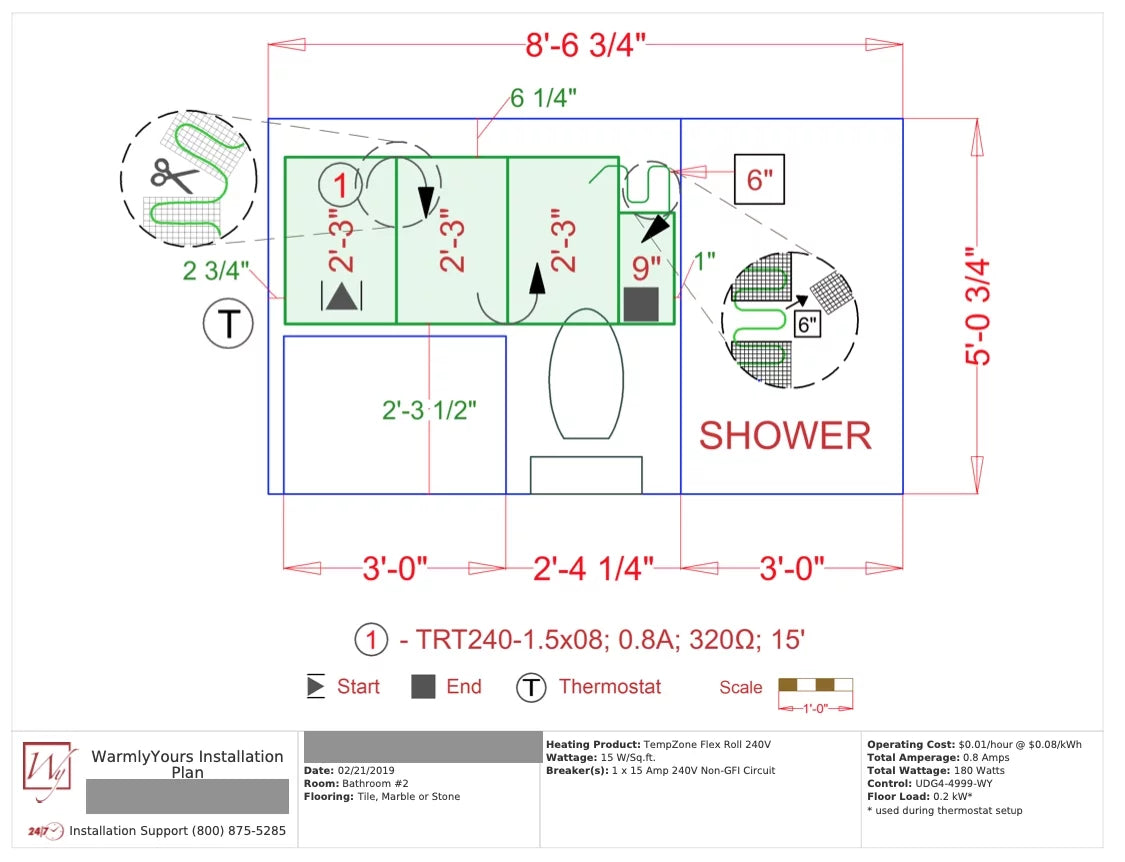 WarmlyYours Tempzone Kit 1.5′ x 8' 12 SizeqFt 240 Volts with WIFI Touch Programmable Thermostat