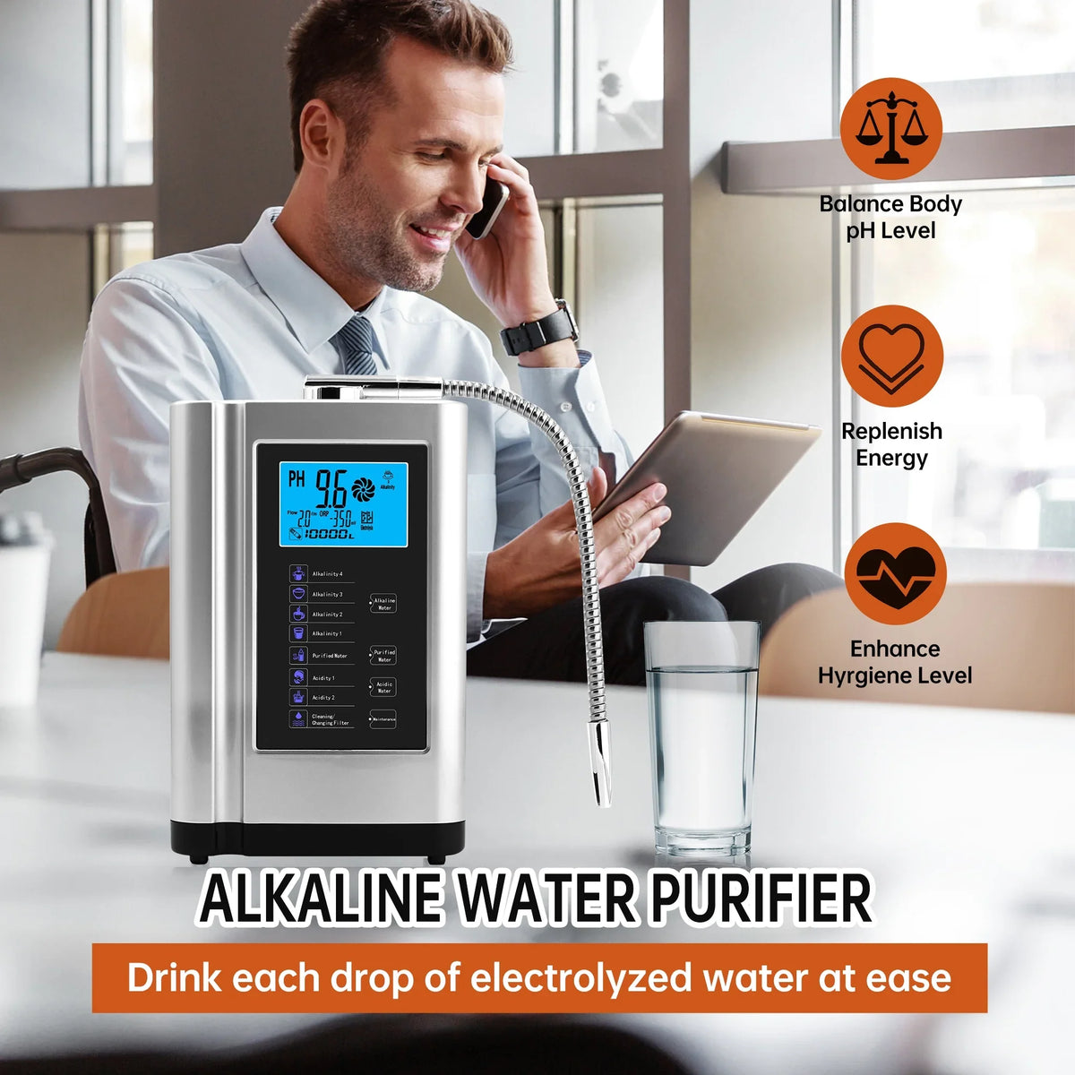 Alka Water Ionizer, Water Purifier Machine PH 3.5-10.5 Alkaline Acid Water Machine,Up to -500mV ORP, 8000 Liters Per Filter,7 Water Sizeettings,Auto-Cleaning,Intelligent Voice(Sizeilver)