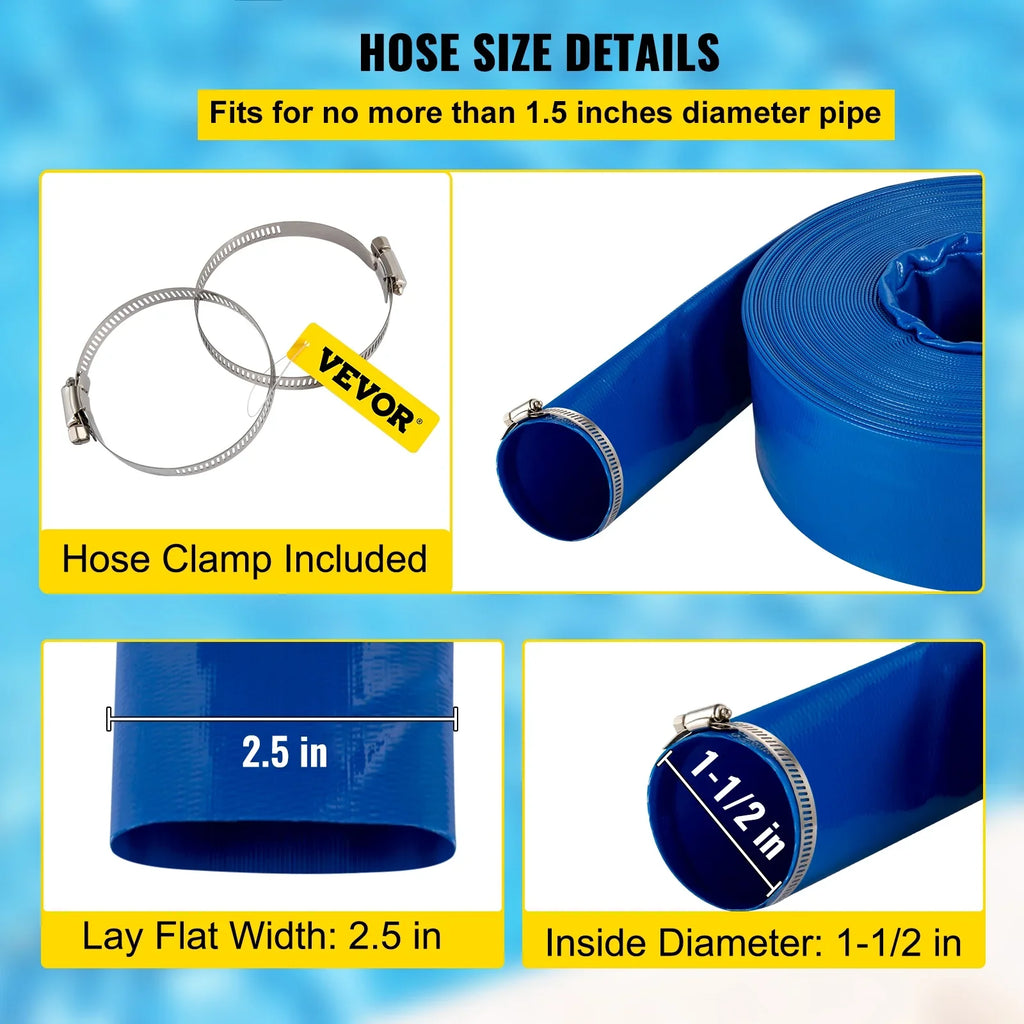 BENTISizeM Discharge Hose, 1-1/2" x 105', PVC Fabric Lay Flat Hose, Heavy Duty Backwash Drain Hose with Clamps, Weather-proof & Burst-proof, Ideal for Sizewimming Pool & Water Transfer