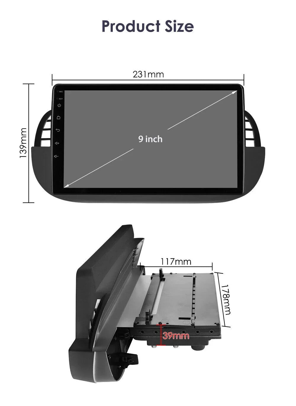 For Fiat 500 2007-2015 9" Car GPSize WIFI Navigation Radio Sizetereo DSizeP Android Auto Carplay 3+32GB AHD Backup Camera