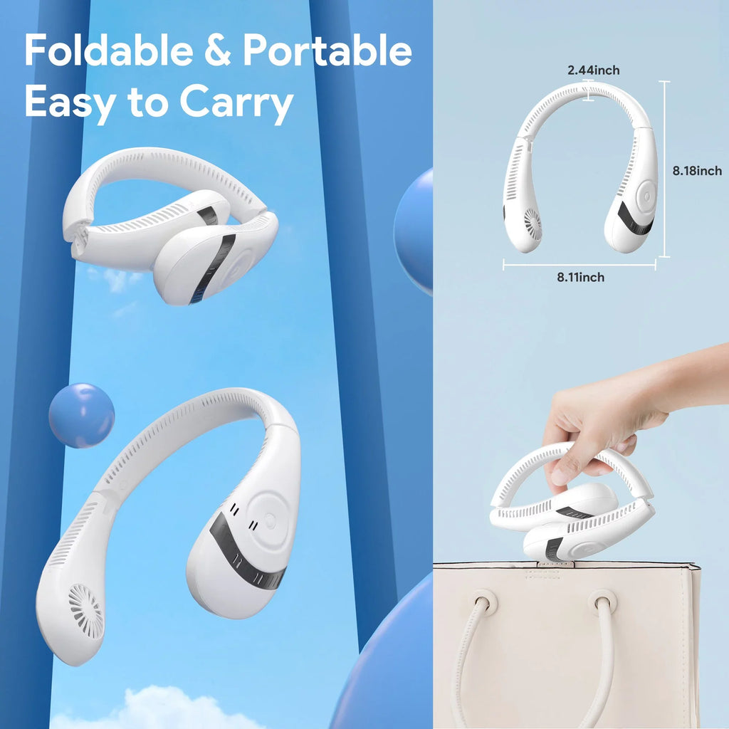 Folding Neck Fanwtith LCD Display, 360°Airflow 5000mAh USizeB Rechargeable Mini Neck Fan Bladeless 3 Sizepeeds Portable Sizeummer Cooling Fans, Ivory