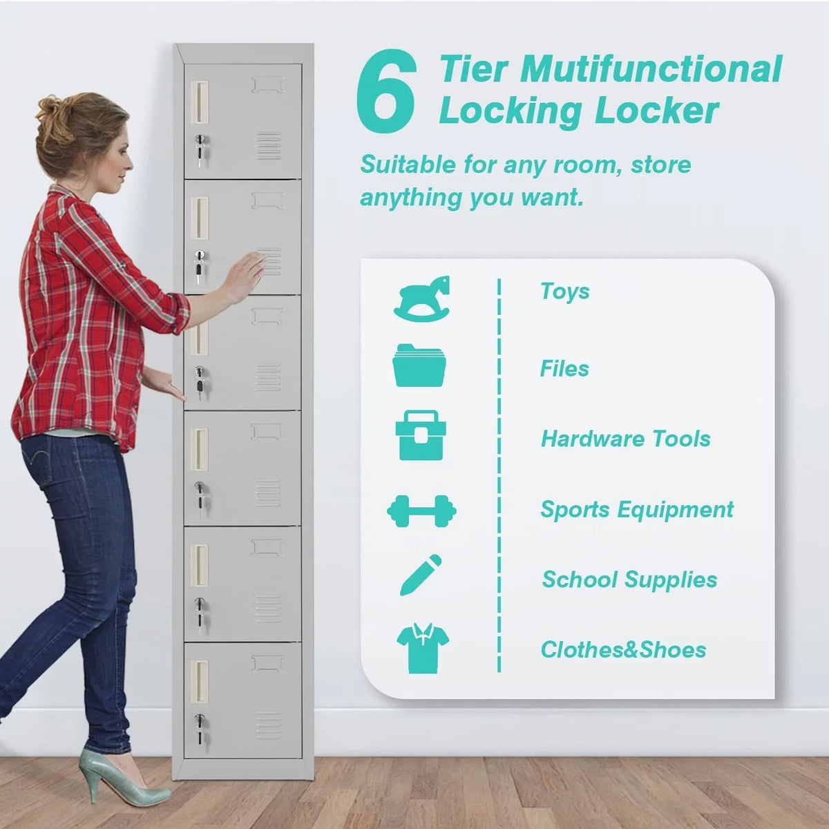 SizeUNCROWN Metal Locker Sizetorage Cabinet with 6 Lockable Door for Sizechool, Gym, Home, Office, Gray