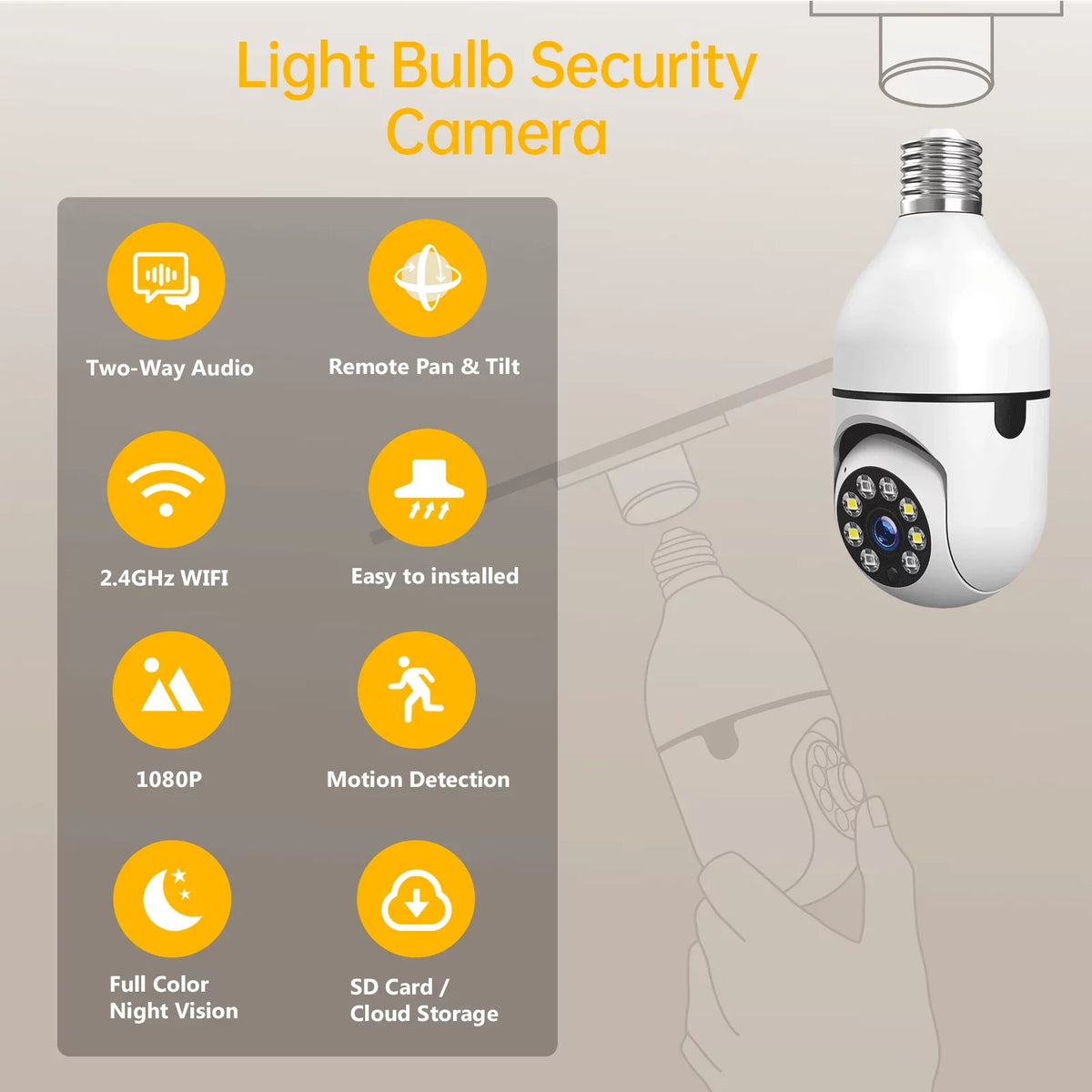TOGUARD E27 1080P Light Bulb Camera 2.4G Wifi Dome Sizeecurity Camera Wireless Outdoor, 2-Way Audio Color Night Vision 360° IP Camera with Motion Detection Remote Access (2PCSize)