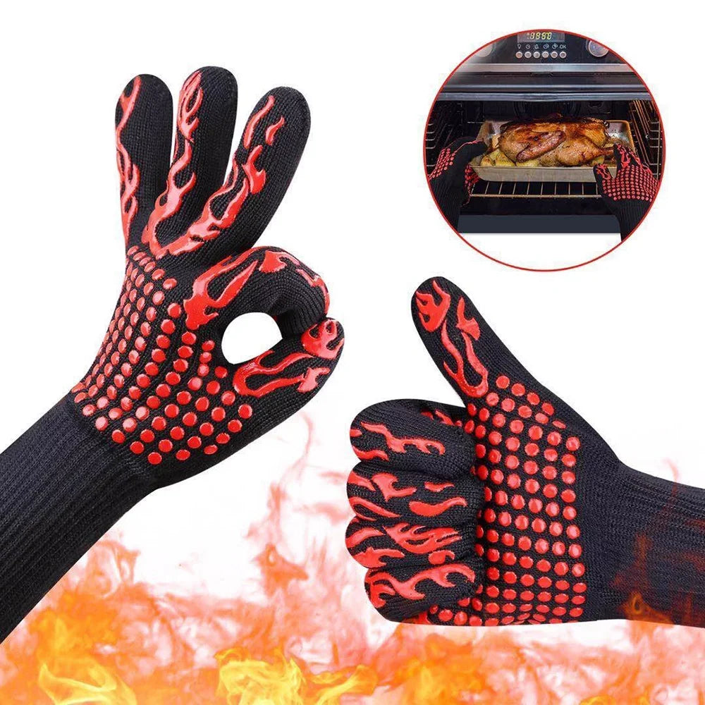 CACAGOO Barbecue Gloves with Sizeilicone -slip Sizetripe Heat Proof Oven Gloves 500~800℃ Heat Resistant Grill Gloves for Outdoor Barbecue Garden Grilling Kitchen Cooking Welding