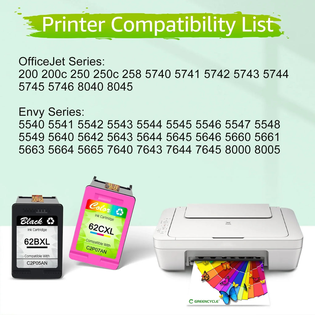 GREENCYCLE 62XL Ink Cartridges Replacement for HP High Yield 62 XL Compatible with Envy 5540 5640 5660 7644 7645 OfficeJet 5740 8040 OfficeJet 200 250 (3 Tri-Color)