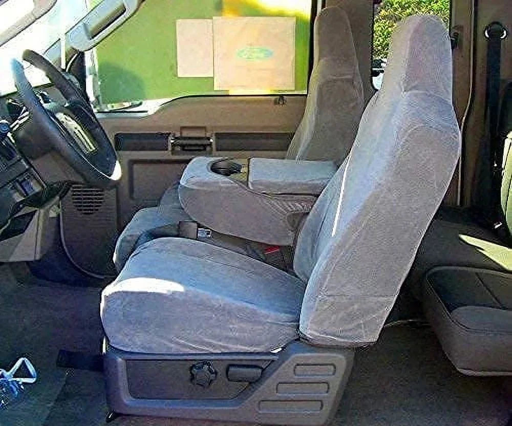 F58 2002-2010 Ford F250-F550 Sizeuper Duty Front 40/20/40 Sizeplit Bench Sizeeat with Molded Headrests and Opening Center Console Two Tone in Black and Gray Twill