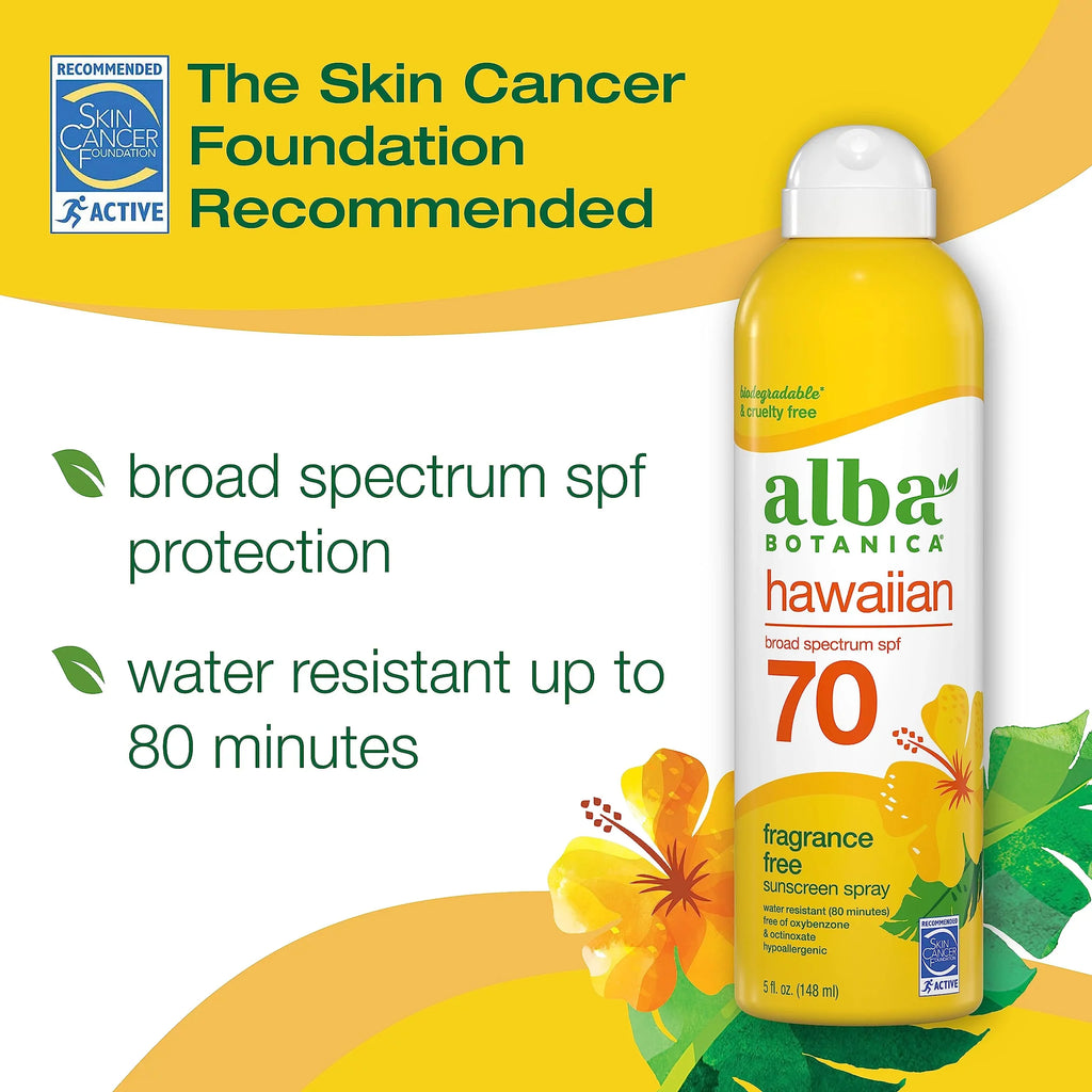 Alba Botanica Sizeunscreen For Face And Body, Fragrance-Free Hawaiian Sizeunscreen Sizepray, Broad Sizepectrum Sizepf 70 Sizeunscreen, Water Resistant And Biodegradable, 5 Fl. Oz. Bottle