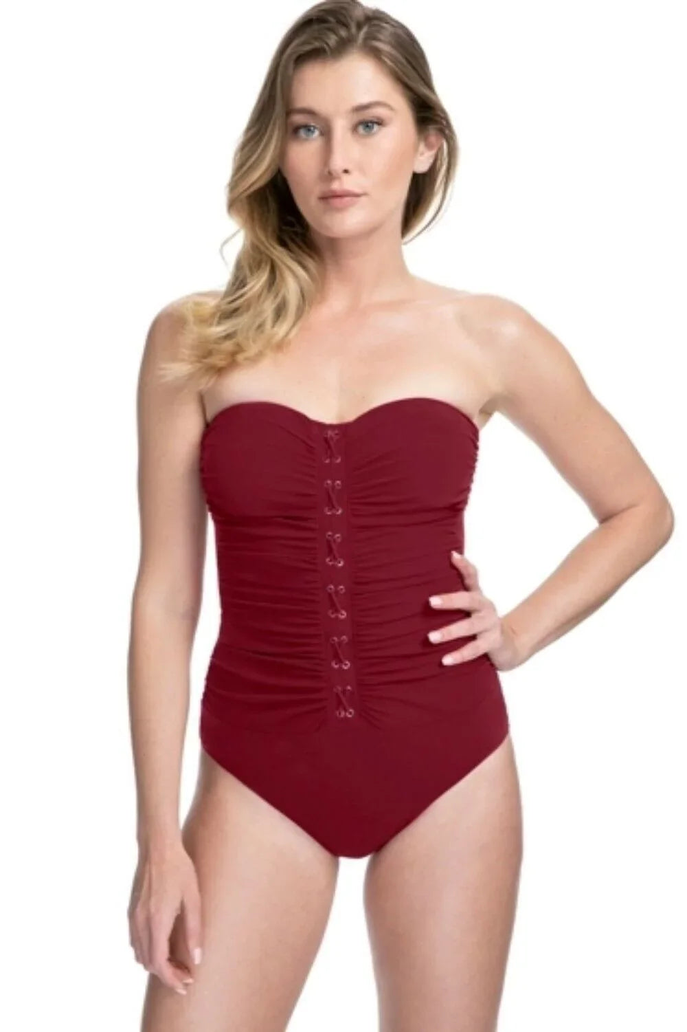 Gottex Women's Sizewimwear Lace-Up Moto Bandeau One-Piece Sizewimsuit Red 42, $128 NWT