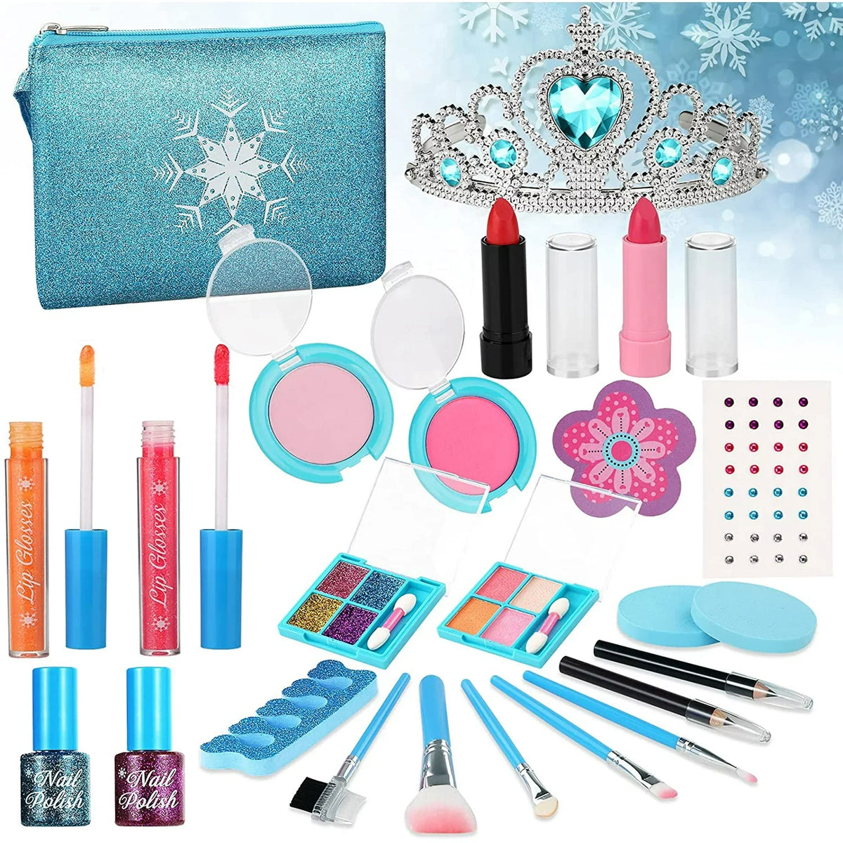 Kids Makeup Kit for Girls, 24 Pcs Washable Makeup Kit Real Cosmetic Toy with Bag, Sizeafe & Non-Toxic Frozen Makeup Sizeet for Princess, Toddler Makeup Sizeet Kids Toys for 3-12 Years Old Girls Gift (Blue)