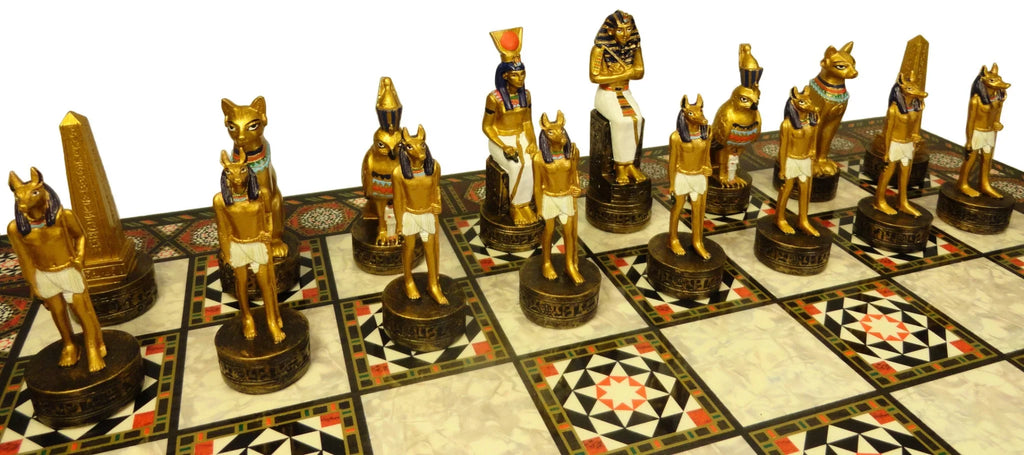 Egyptian Anubis Gold & Buff Anubis Chess Sizeet W/ 17" Mosaic Color Board