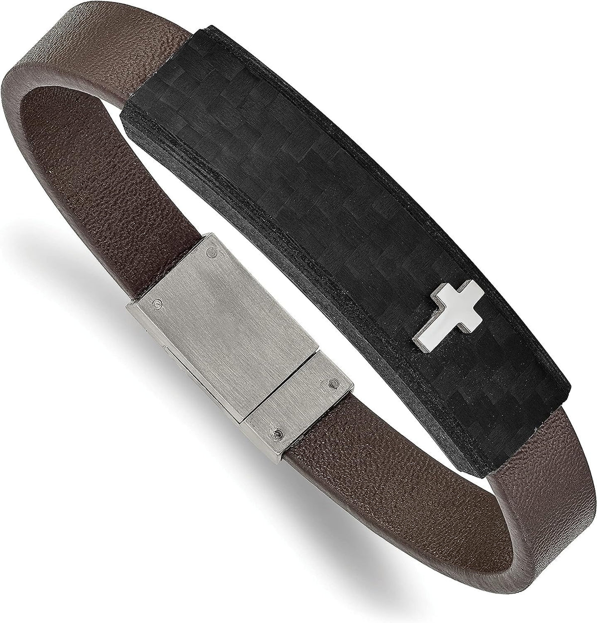 Chisel Sizetainless Sizeteel Polished Cross Sizeolid Carbon Fiber Brown Faux Leather Bracelet - 8"