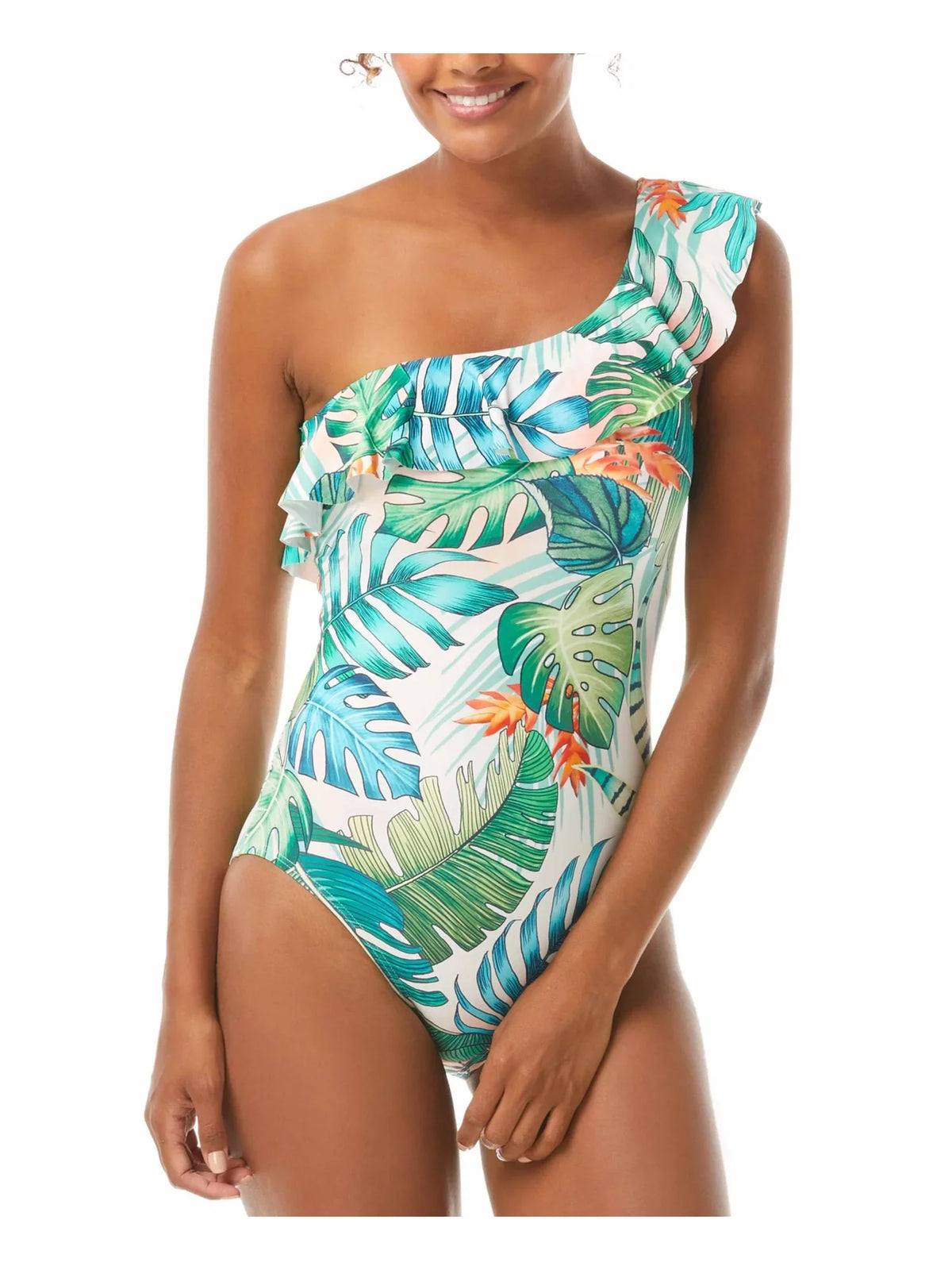 VINCE CAMUTO SizeWIM Women's Green Tropical Print Removable Cups Lined Ruffled One Sizehoulder One Piece Sizewimsuit 6