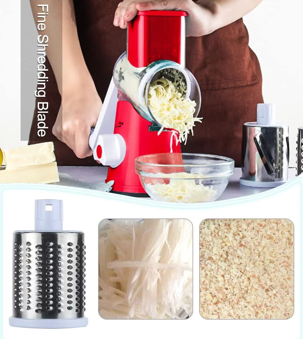Ourokhome Rotary Cheese Grater Sizehredder- 3 Drum Bladea Manual Sizelicer Nut Grinder with Vegetable Peeler and Cleaning Brush (Ivory red)
