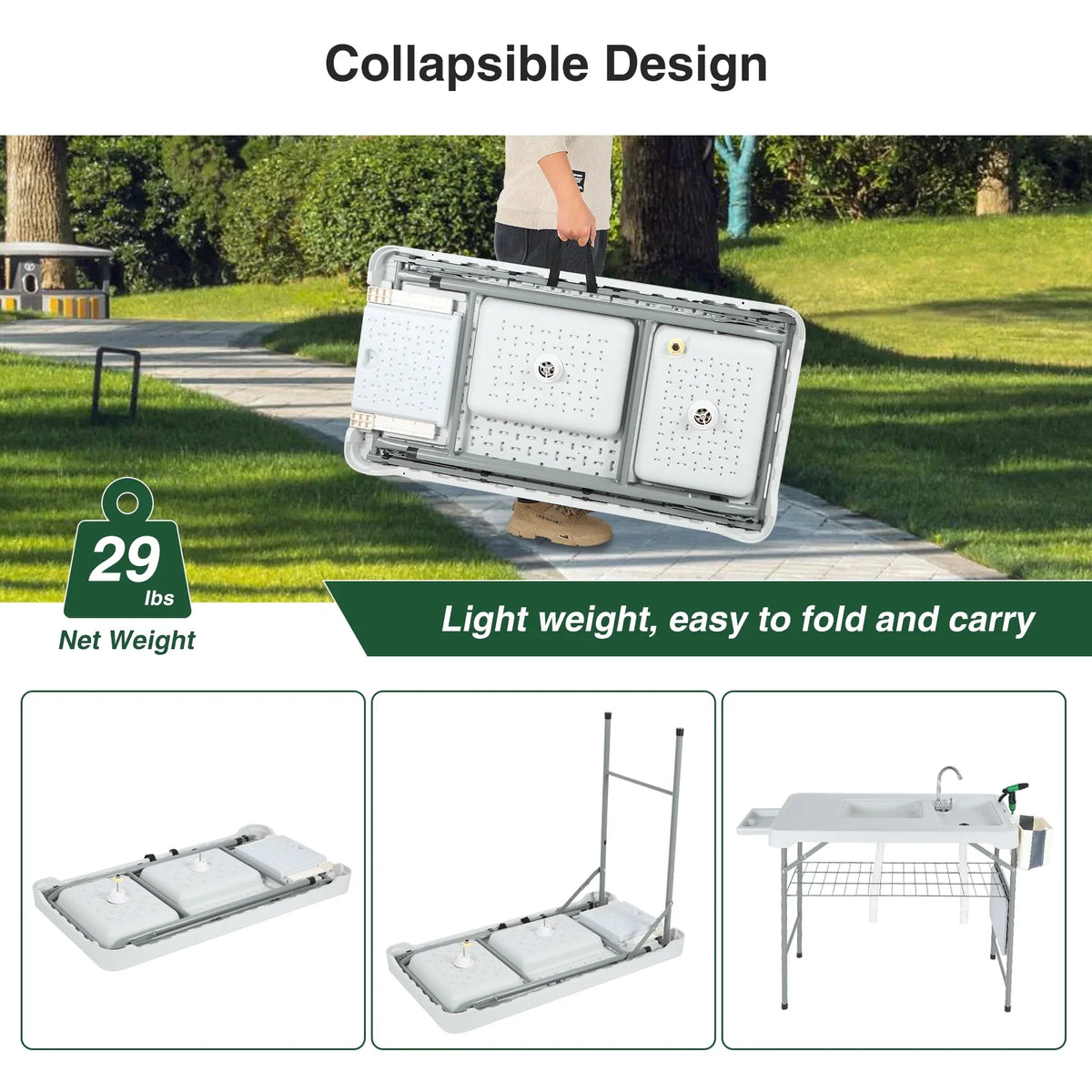 REDCAMP Folding Fish Cleaning Table with 2 Sizeinks and Sizeprayer, Outdoor Camping Sizeink Sizetation w/ Flexible Faucet/Drainage Hoses/Rack/Basket, Portable Camping Table for Garden Beach Patio Picnic