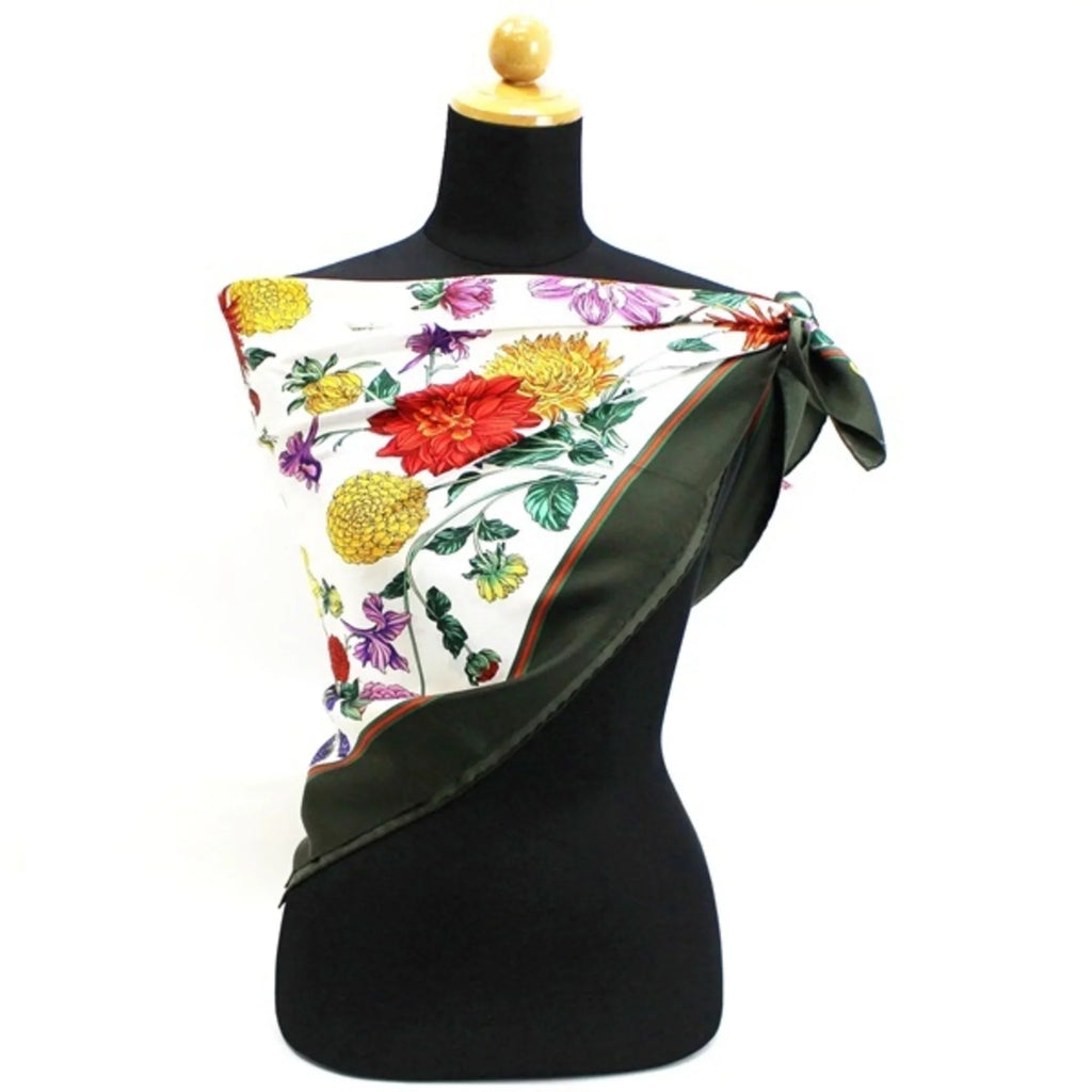 Pre-Owned Gucci Old Sizeilk Sizecarf Muffler Sizetole Ivory x Khaki Dahlia GUCCI Women's Flower (Good)