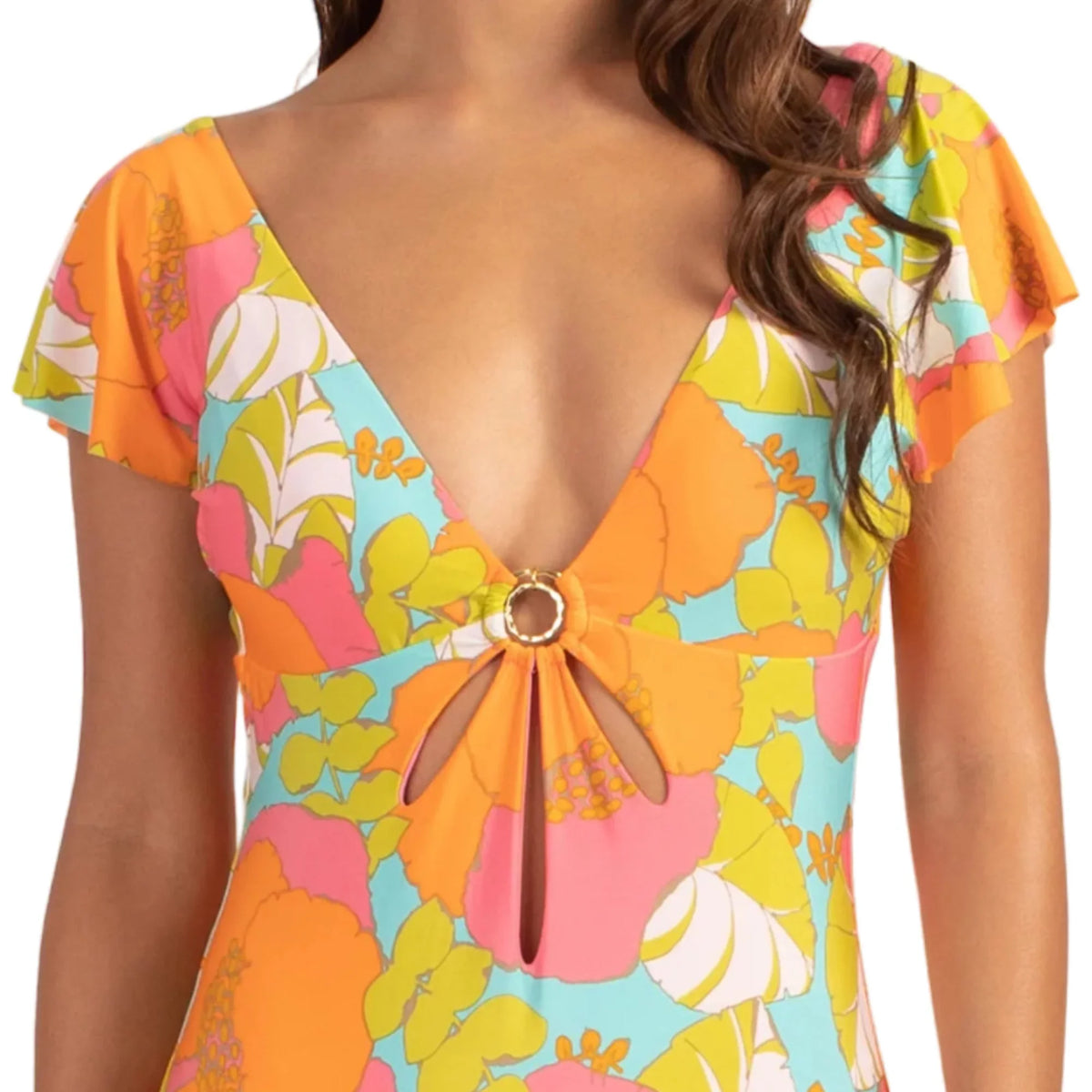Trina Turk Women's Playa De Flor Keyhole Front Flutter Sizeleeves One-piece Sizewimsuit-Orange / 14