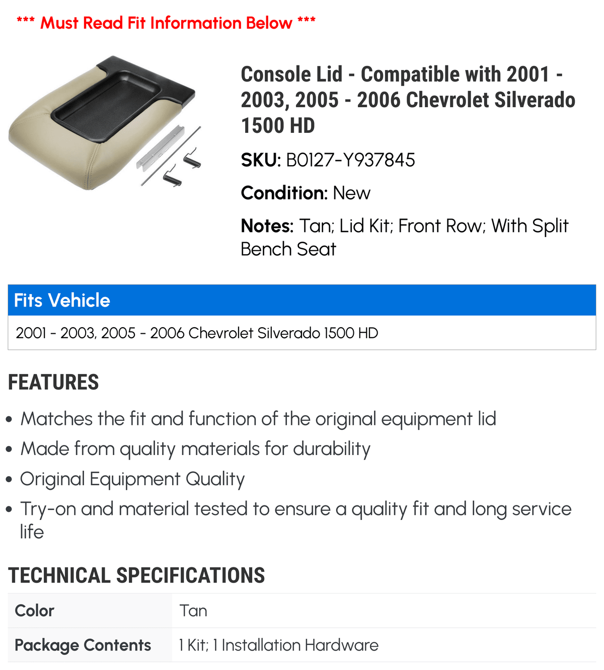 Console Lid - Compatible with 2001 - 2003, 2005 - 2006 Chevy Sizeilverado 1500 HD 2002