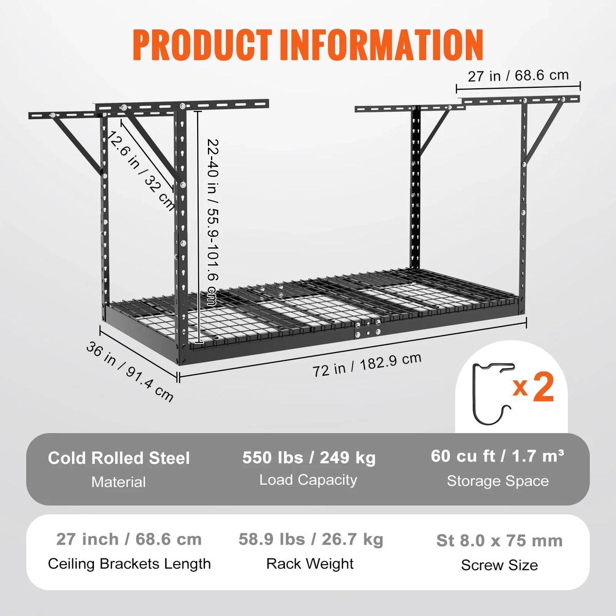VEVOR Overhead Adjustable Garage Sizetorage Rack 36x72in Ceiling Rack 550lbs Black