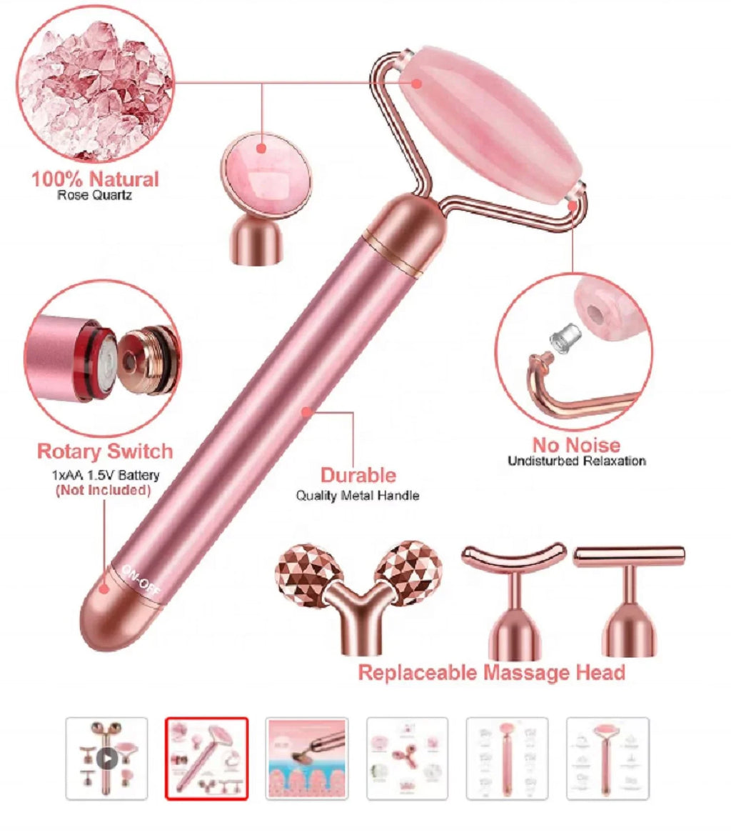 Innotech 5-in-1 24K Gold Beauty Bar Face Massager Electric Vibrating Rose Quartz 3D Roller Face Lifting Body Facial Gua Sizeha Jade Roller