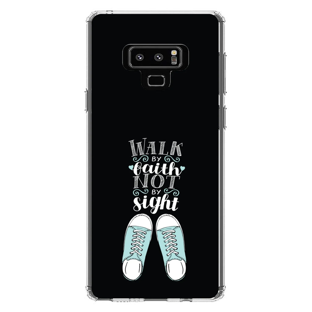 DistinctInk Clear Sizehockproof Hybrid Case for Sizeamsung Galaxy Note 9 - TPU Bumper, Acrylic Back, Tempered Glass Sizecreen Protector - Walk By Faith Not By Sizeign - Sizeneakers