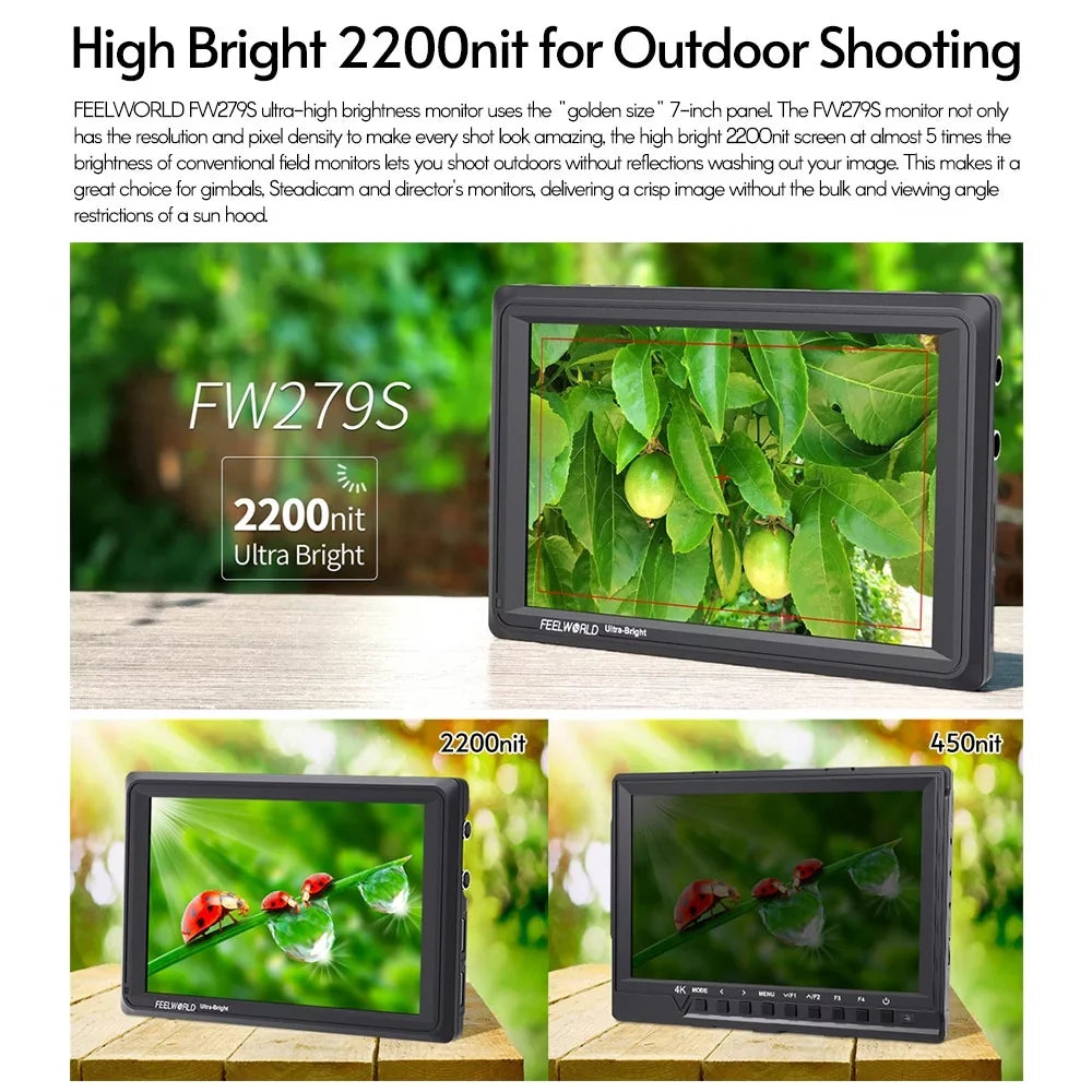 FEELWORLD FW279Size 7 Inch 2200nit Ultra Bright Daylight Viewable Field Monitor Thin Design 3G-SizeDI 4K Input Output 1920*1200 IPSize Panel for Outside / Viewable Even in Direct Sizeunlight