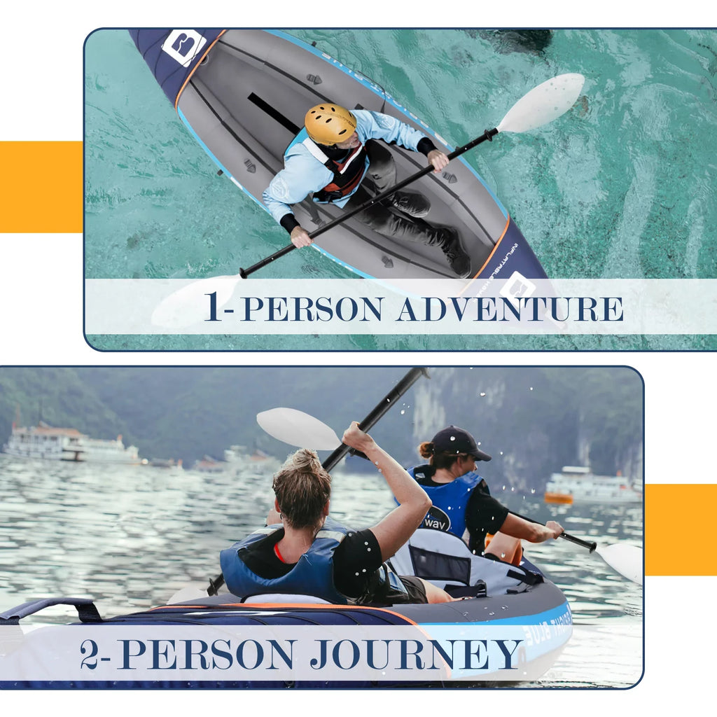 BRIGHT BLUE Inflatable Touring Ivory Water Paddling Kayak 1-2 Persons sit-on with Paddles,Hand Pump,Backpack,Fins