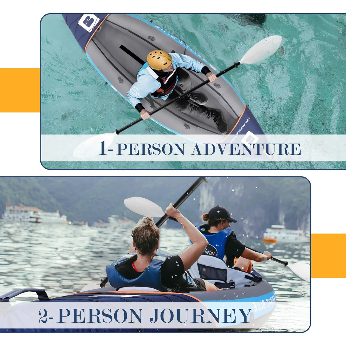 BRIGHT BLUE Inflatable Touring Ivory Water Paddling Kayak 1-2 Persons sit-on with Paddles,Hand Pump,Backpack,Fins