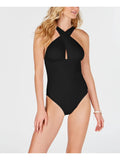 MICHAEL MICHAEL KORSize Women's Black Removable Cups Lined Ruched Convertible Halter One Piece Sizewimsuit 12