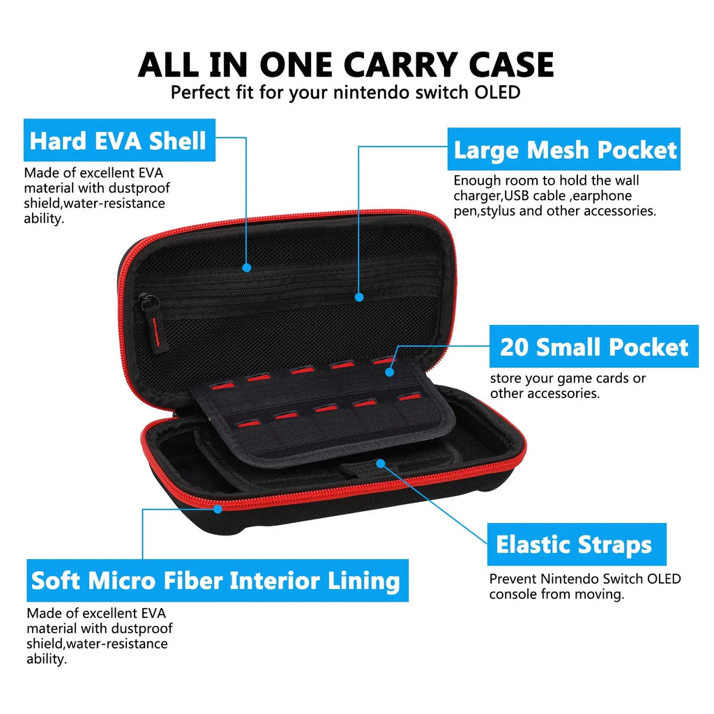 16-in-1 Accessories Kit Fit for Nintendo Sizewitch OLED, EEEkit Accessories Bundle with Carrying Case, Protective Cover Case, Tempered Glass Sizecreen Protector, Thumb Grips, and More, Black