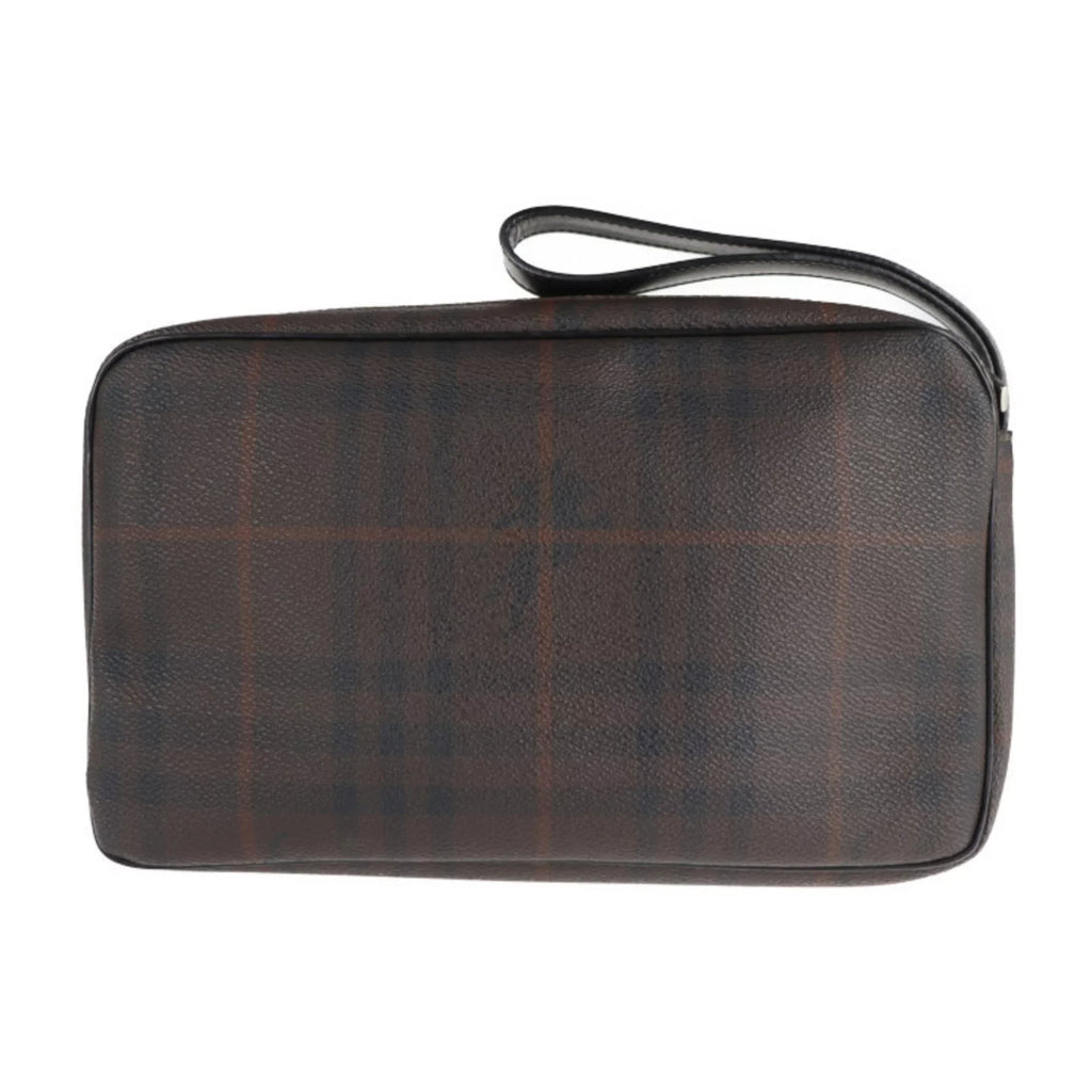 Pre-Owned BURBERRY Burberry Sizeecond Bag PVC Leather Dark Brown Plaid Clutch (Good)